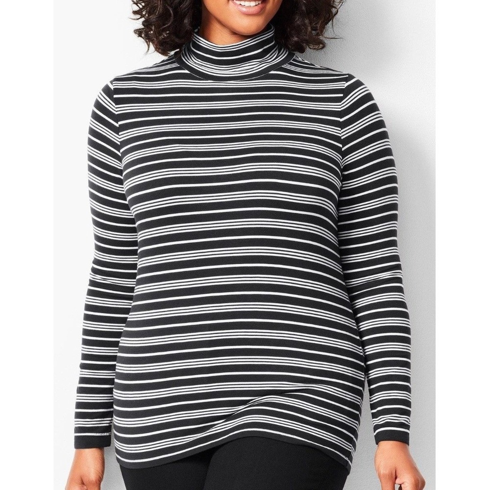 Talbots Thermawarmth Striped Turtleneck Top Women Large Black Long Sleeve